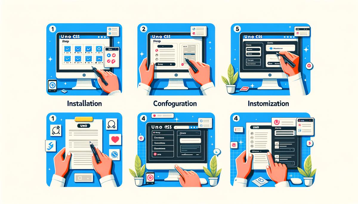 A visual representation of the step-by-step guide to set up Uno CSS in a project, with detailed instructions for installation, configuration, integration, and customization.