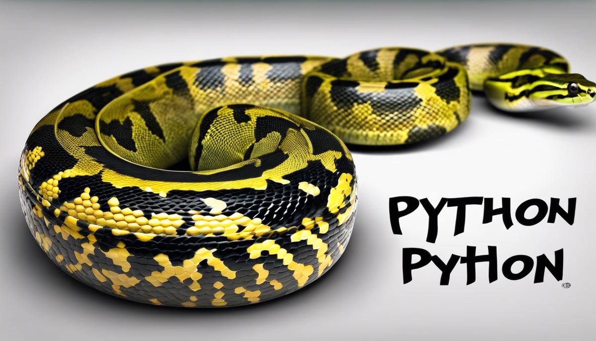 Image describing Python language with a python snake wrapped around the word Python.