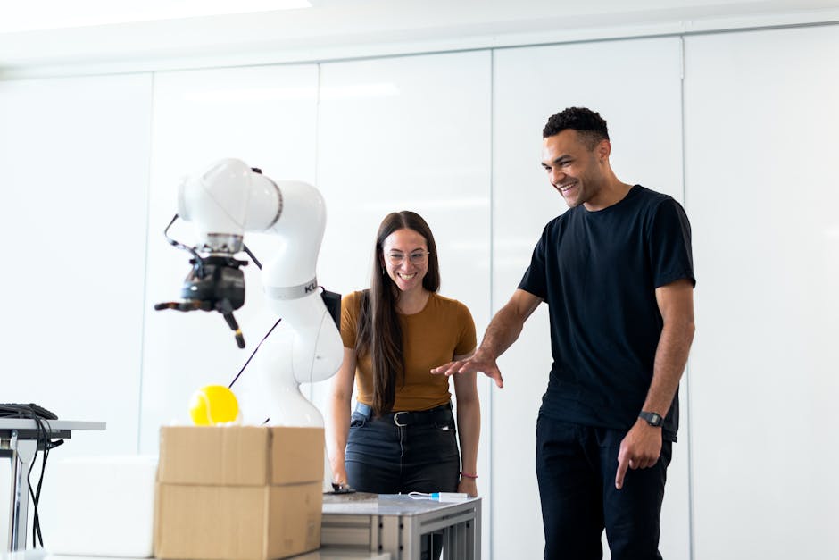 Students working on robotics and AI projects in a cutting-edge educational laboratory