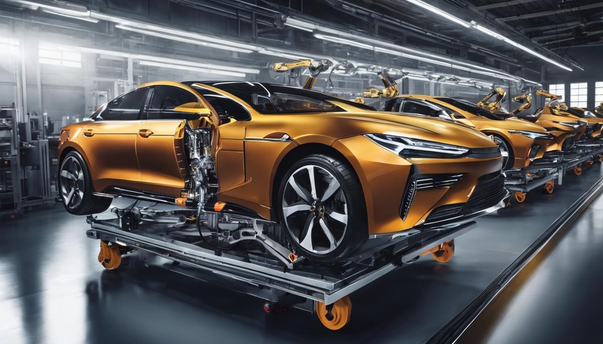 Image of robotic arms assembling a car on a production line