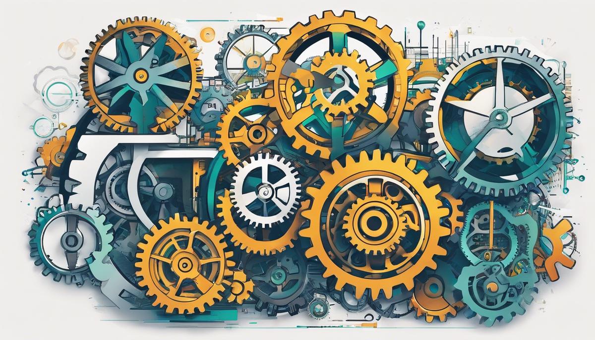 Illustration of gears working together to represent the inner workings of Vue.js's data reactivity and computation